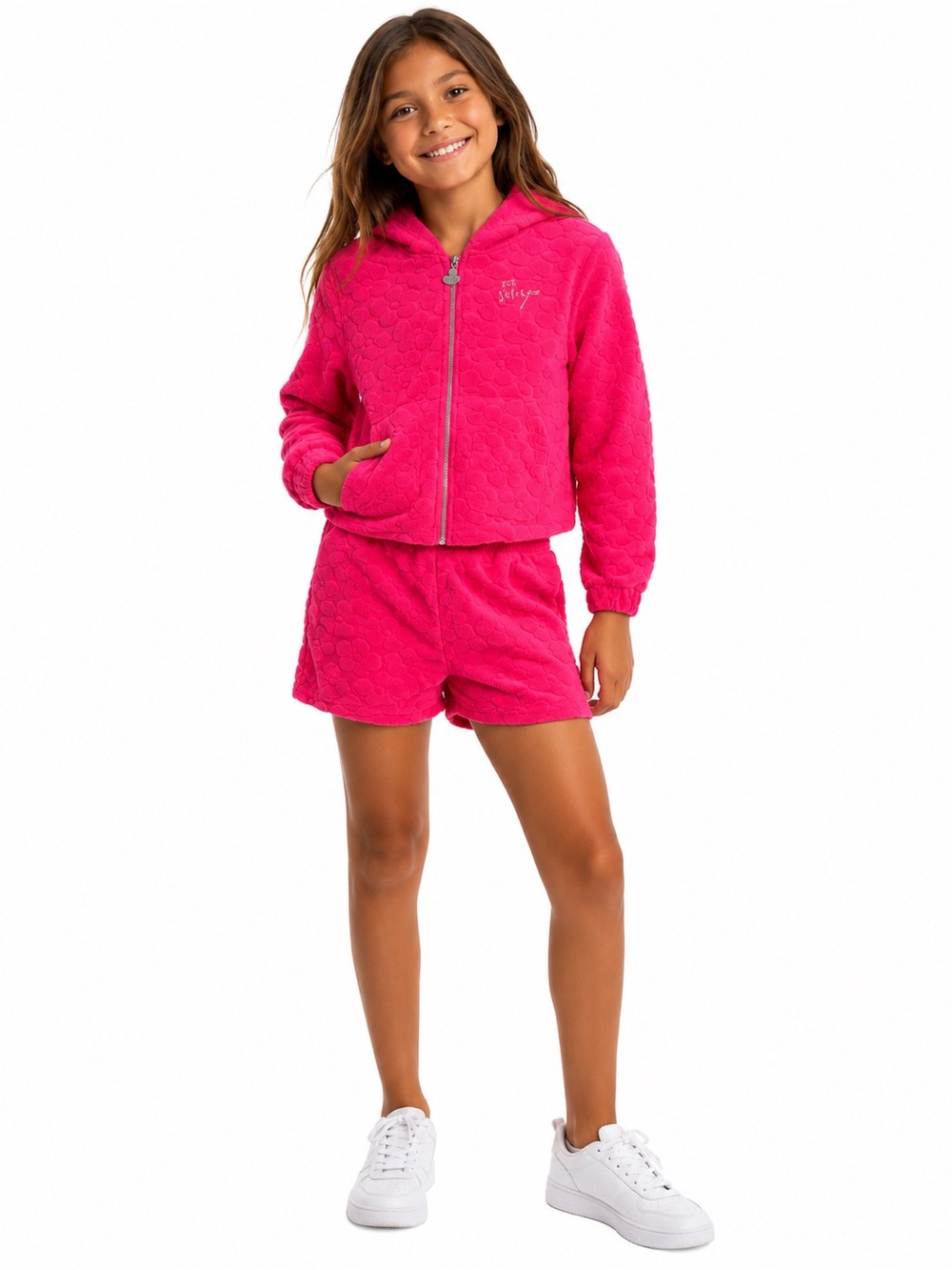 Betsey Johnson Girls Size 12 Pink Floral Textured Hoodie & Shorts 2 Piece set